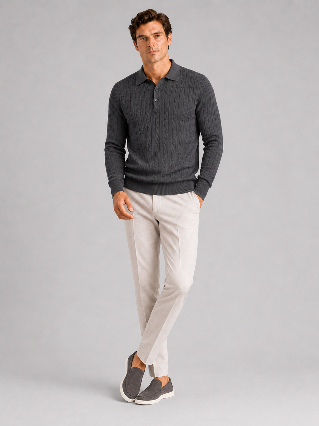 Men's Cable Knit Polo Sweater – Long Sleeve Collared Winter Knit | Nero & Luya