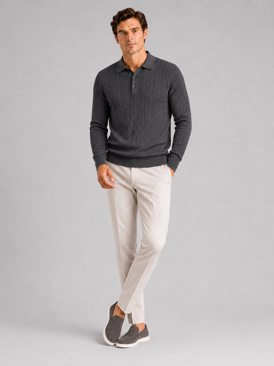 Men's Cable Knit Polo Sweater – Long Sleeve Collared Winter Knit | Nero & Luya
