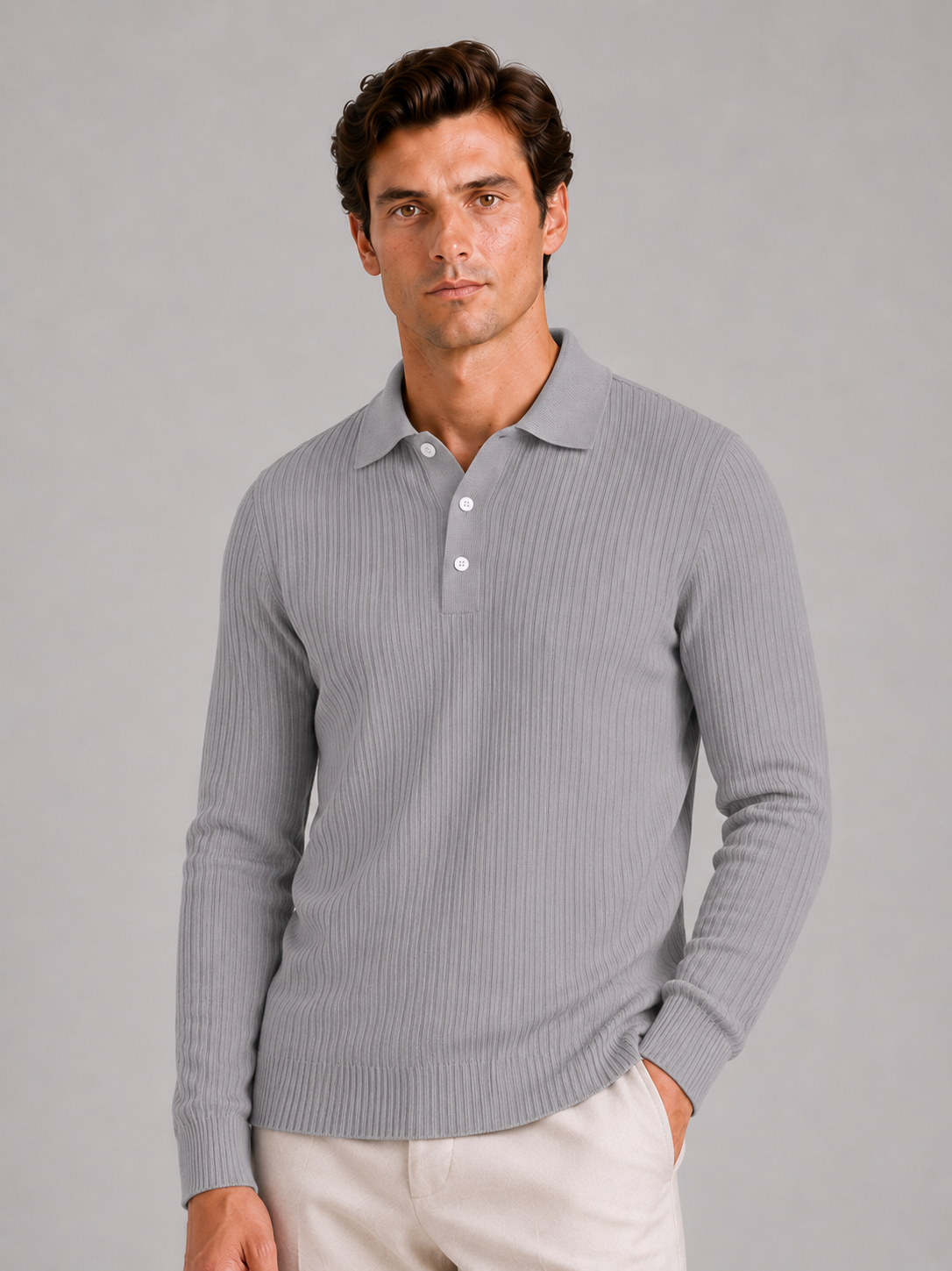 Men's Ribbed Long Sleeve Polo Shirt – Lightweight Knit Button Polo | Nero & Luya