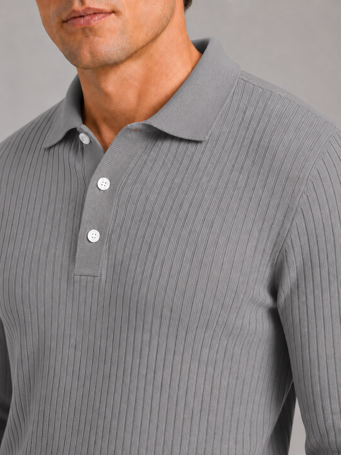 Men's Ribbed Long Sleeve Polo Shirt – Lightweight Knit Button Polo | Nero & Luya