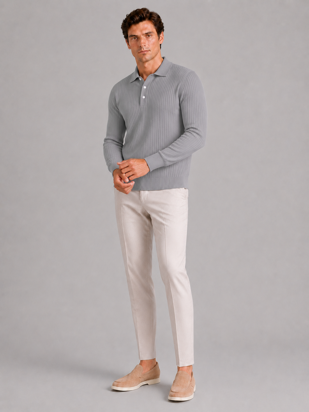Men's Ribbed Long Sleeve Polo Shirt – Lightweight Knit Button Polo | Nero & Luya