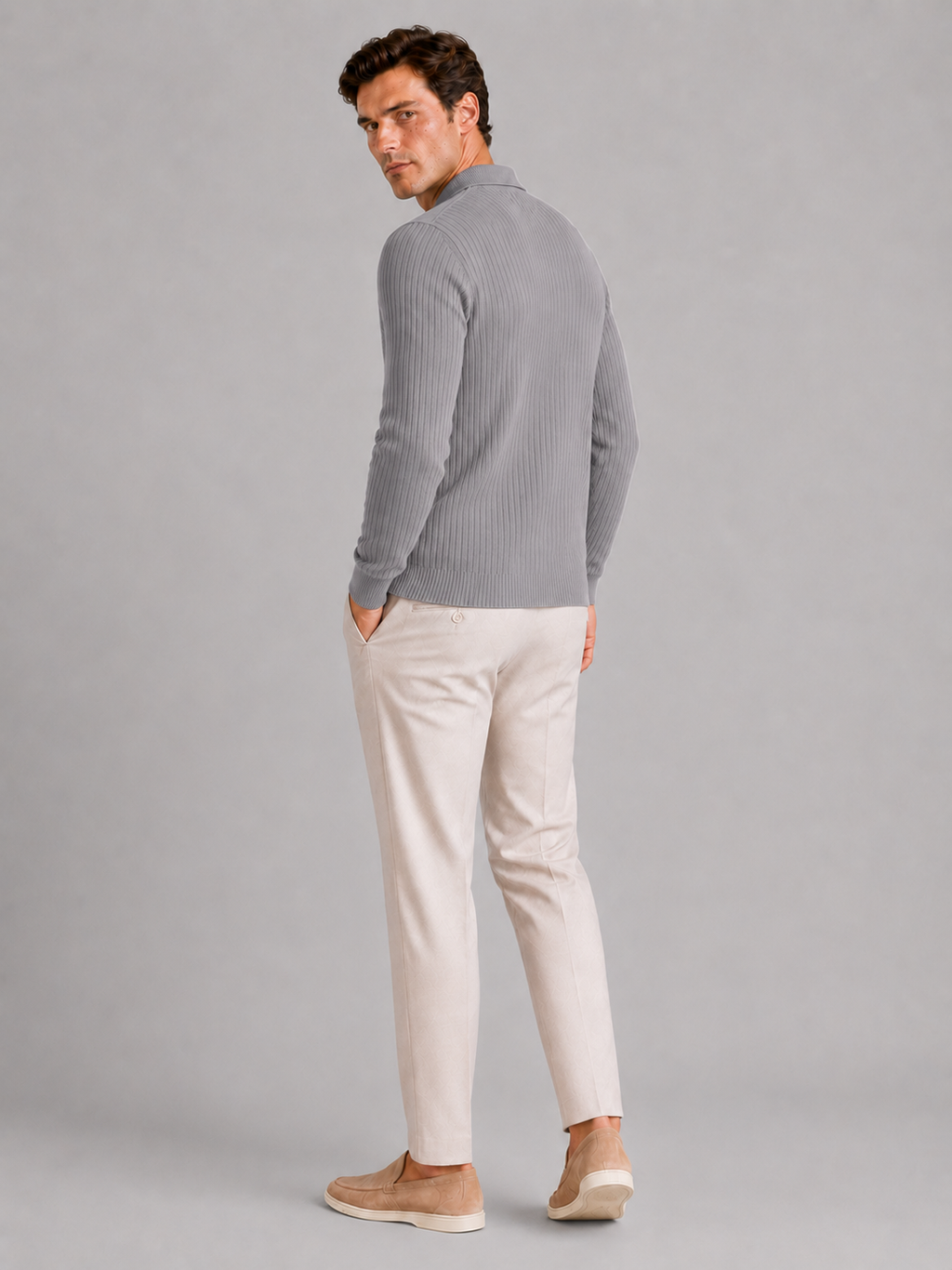 Men's Ribbed Long Sleeve Polo Shirt – Lightweight Knit Button Polo | Nero & Luya