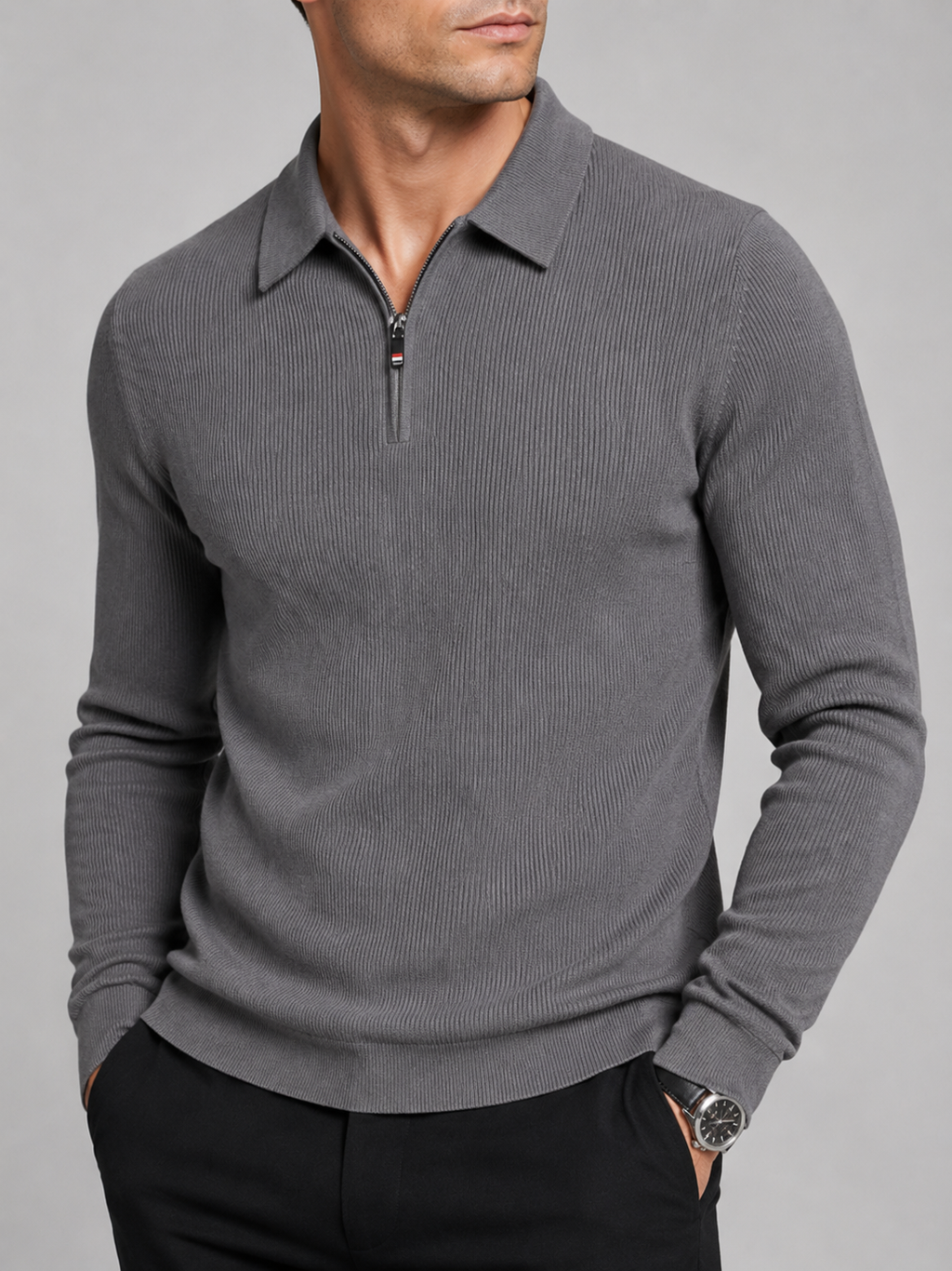 Men's Quarter Zip Long Sleeve Polo – Regular Fit Smooth Knit Top | Nero & Luya
