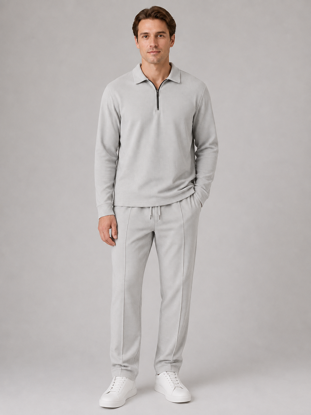 Polo And Trousers Co-Ord Set in Light Grey