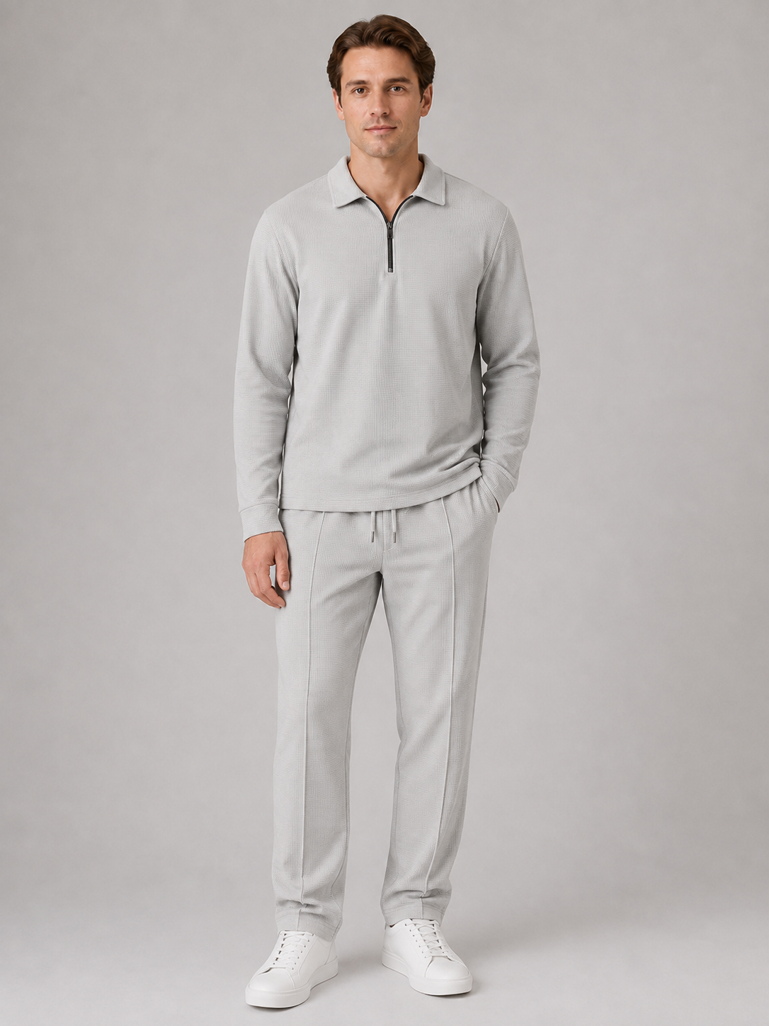 Polo And Trousers Co-Ord Set in Light Grey