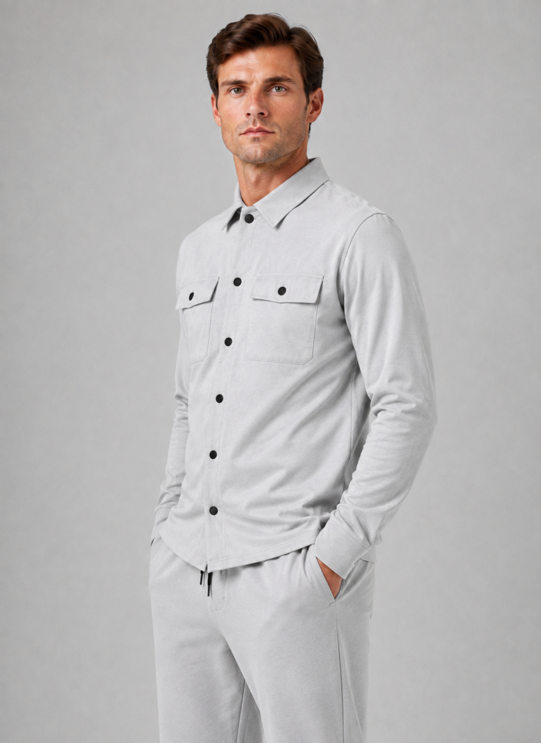 Overshirt & Trousers Set in Light Grey