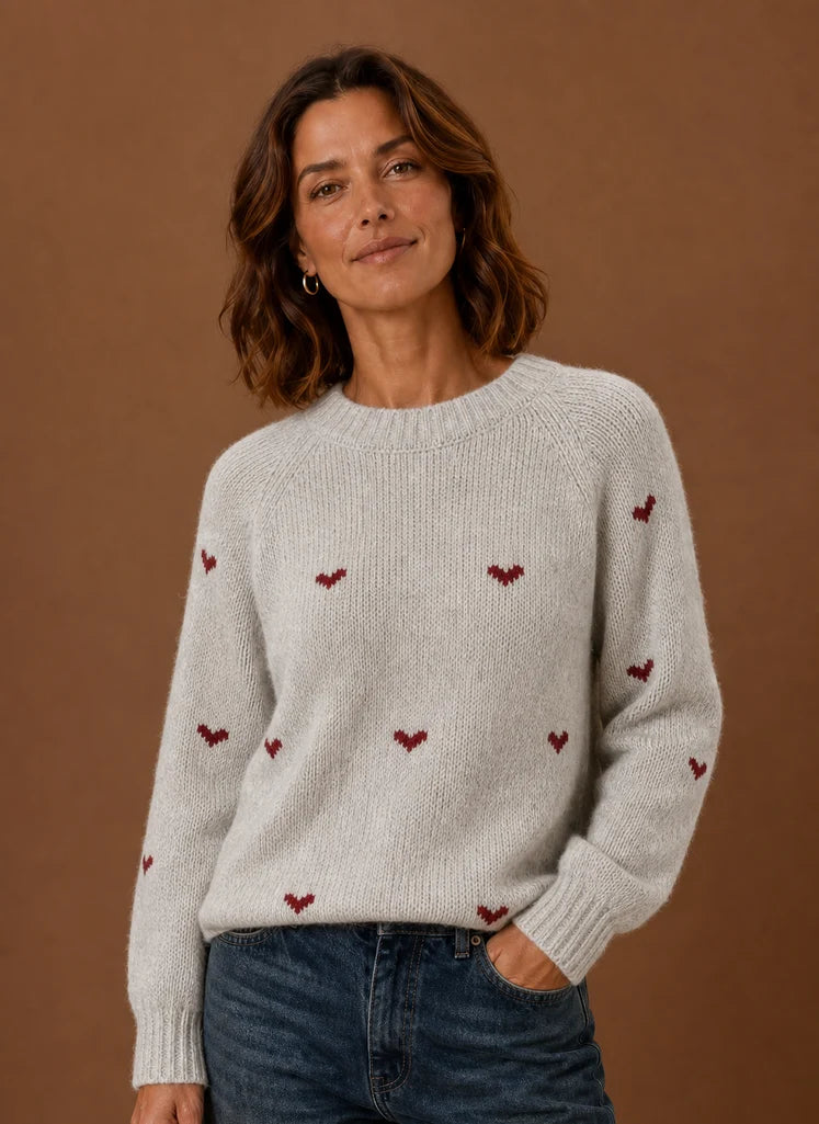 Women's Crew Neck Pullover - Heart Print Long Sleeve Sweater | Nero & Luya