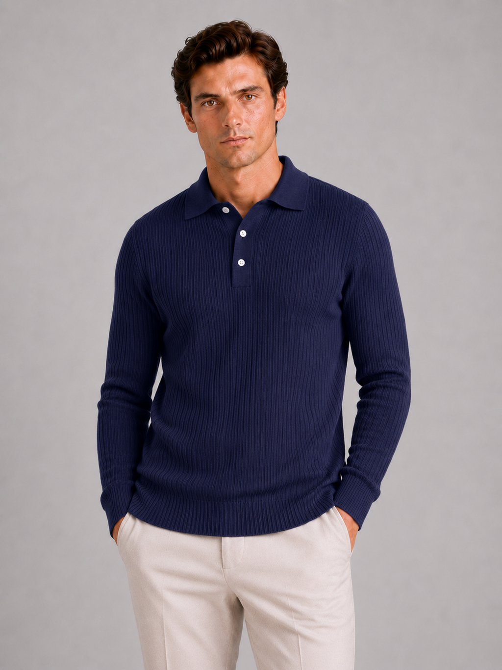 Men's Ribbed Long Sleeve Polo Shirt – Lightweight Knit Button Polo | Nero & Luya