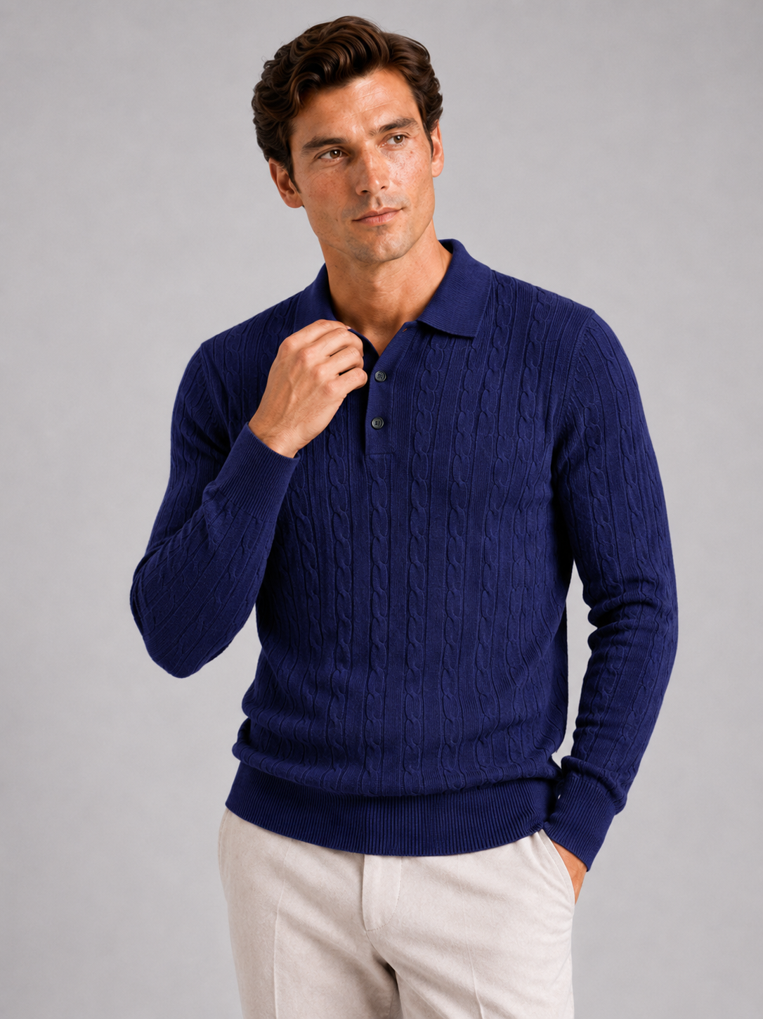 Men's Cable Knit Polo Sweater – Long Sleeve Collared Winter Knit | Nero & Luya