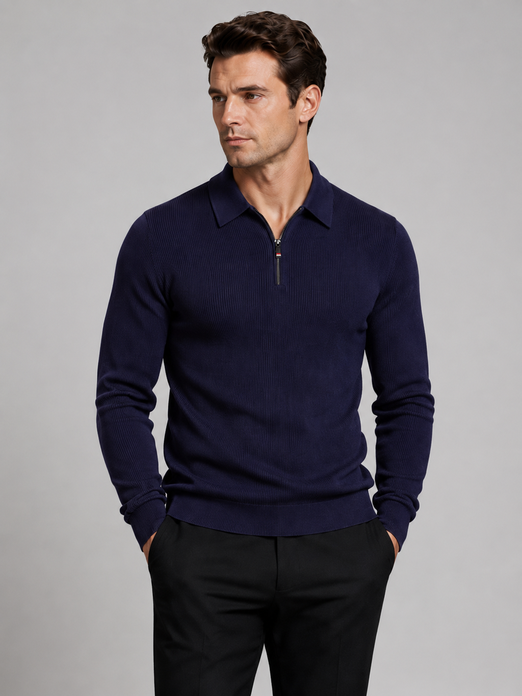 Men's Quarter Zip Long Sleeve Polo – Regular Fit Smooth Knit Top | Nero & Luya