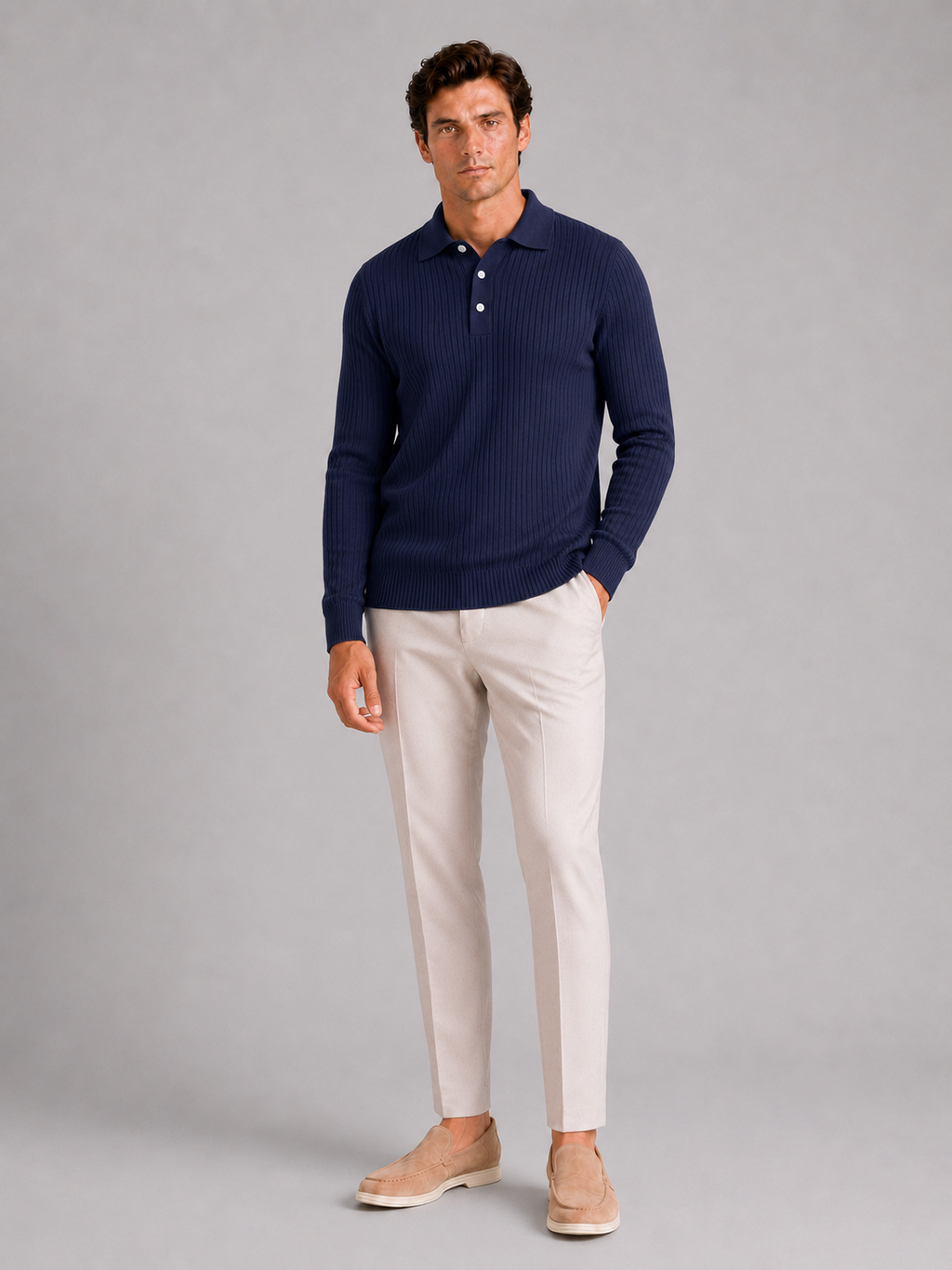 Men's Ribbed Long Sleeve Polo Shirt – Lightweight Knit Button Polo | Nero & Luya