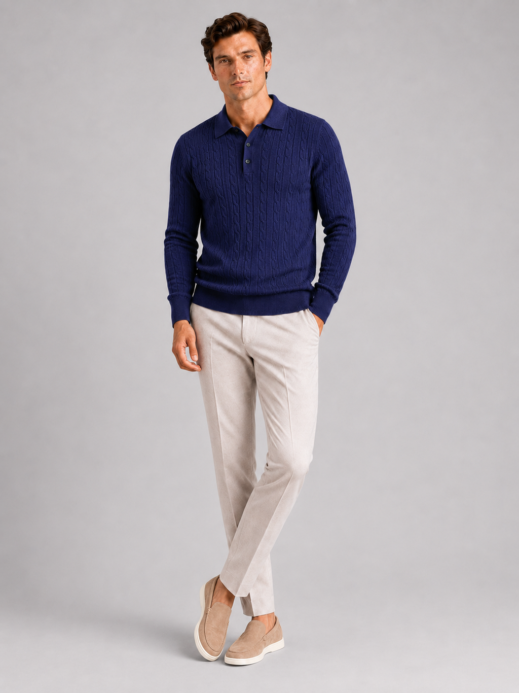 Men's Cable Knit Polo Sweater – Long Sleeve Collared Winter Knit | Nero & Luya