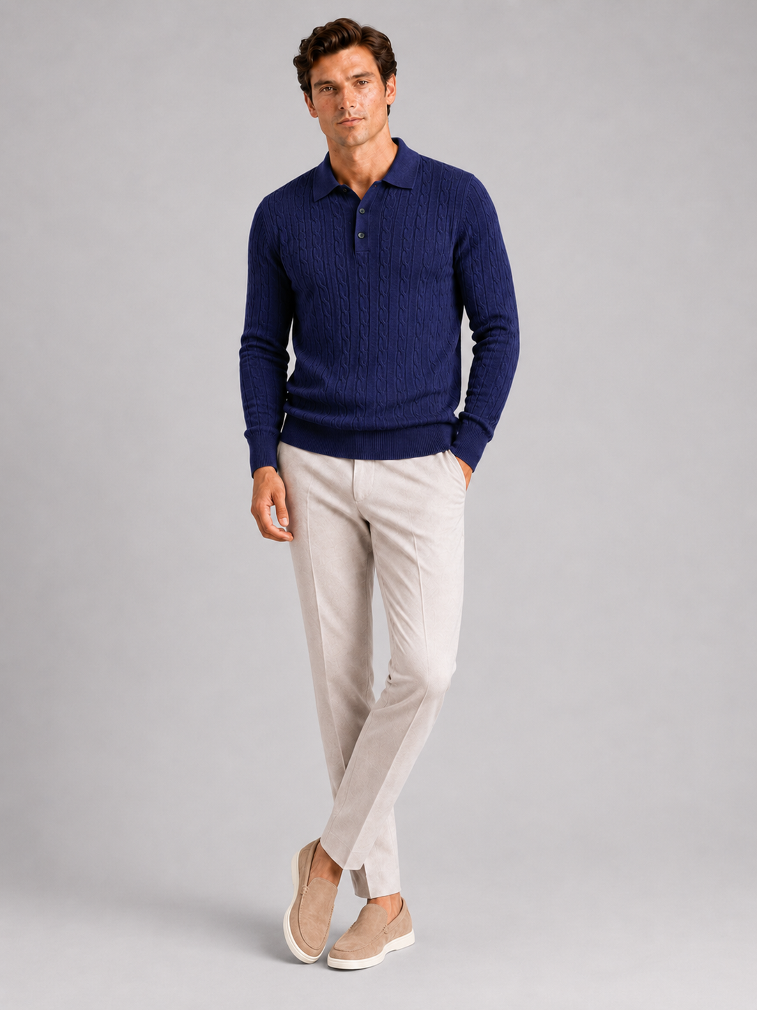 Men's Cable Knit Polo Sweater – Long Sleeve Collared Winter Knit | Nero & Luya