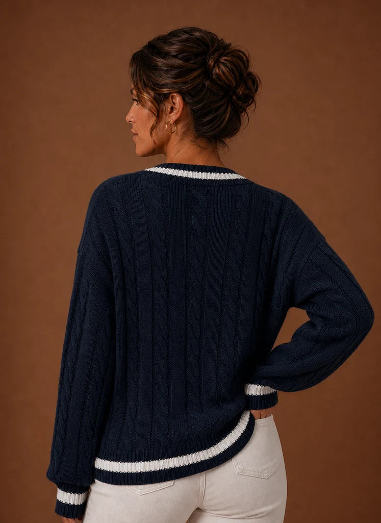 Women's Cable Knit Sweater - V-Neck Long Sleeve Pullover | Nero & Luya