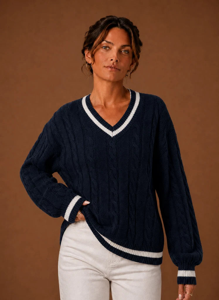 Women's Cable Knit Sweater - V-Neck Long Sleeve Pullover | Nero & Luya