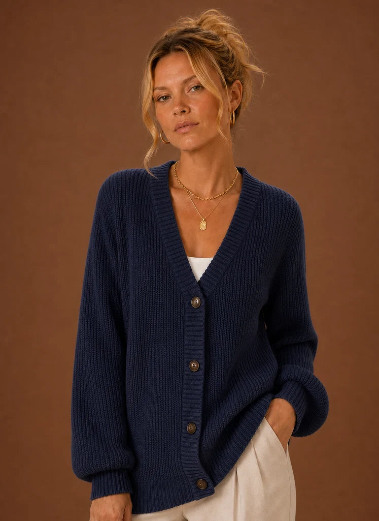 Women's V-Neck Knit Cardigan - Button Front Long Sleeve Sweater | Nero & Luya