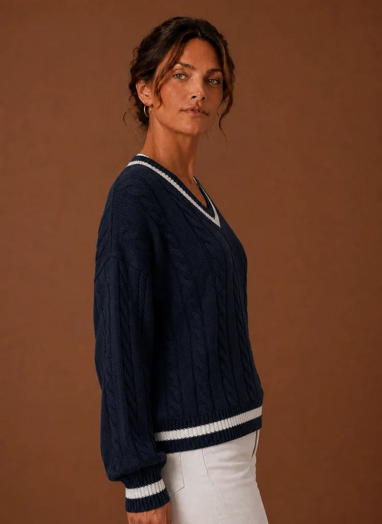 Women's Cable Knit Sweater - V-Neck Long Sleeve Pullover | Nero & Luya