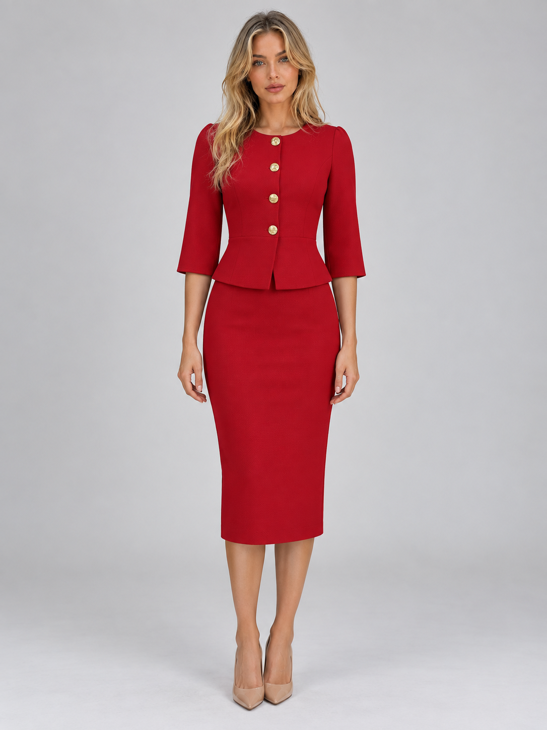 Blazer And Skirt Suit Set in Red