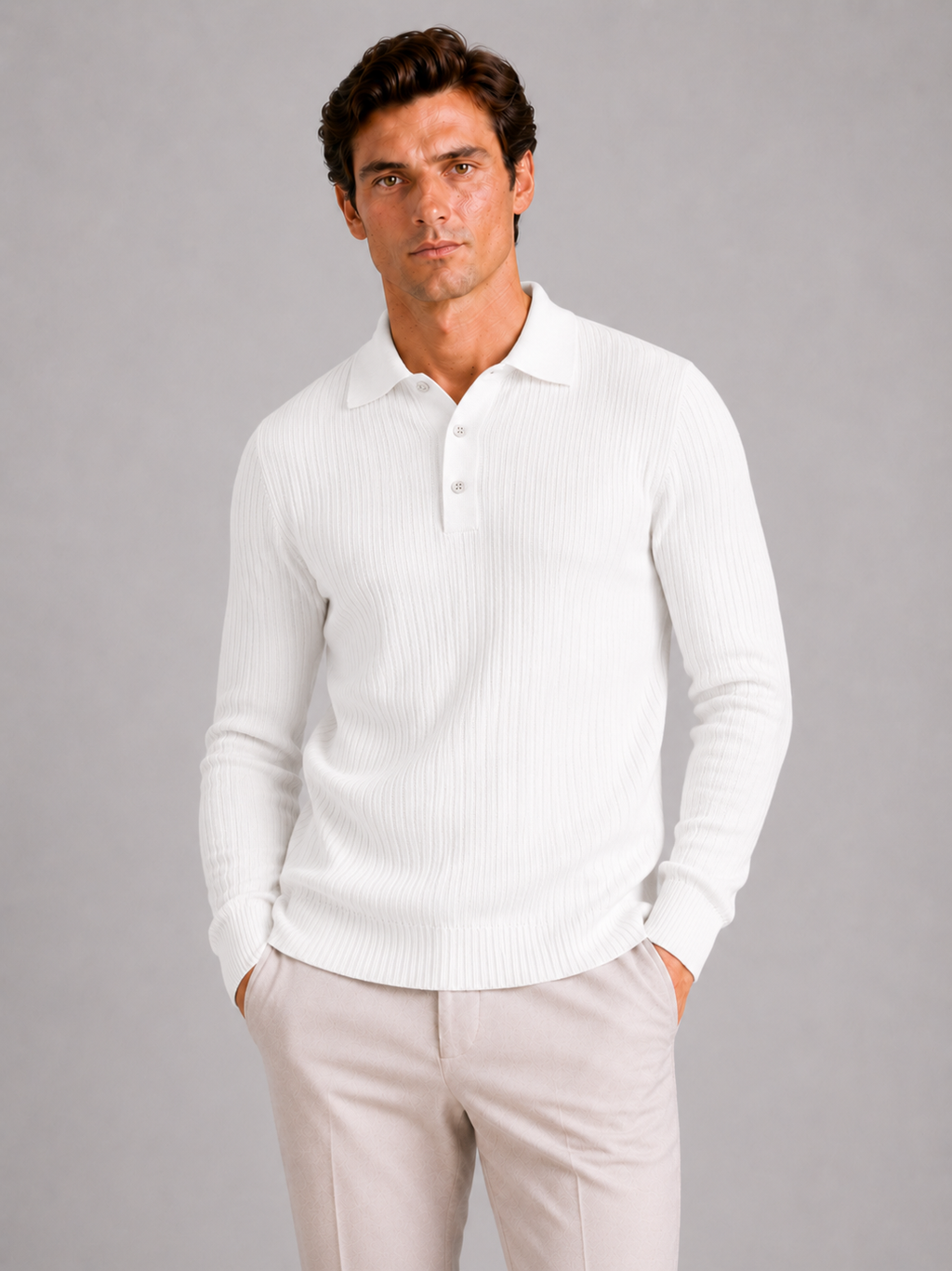 Men's Ribbed Long Sleeve Polo Shirt – Lightweight Knit Button Polo | Nero & Luya