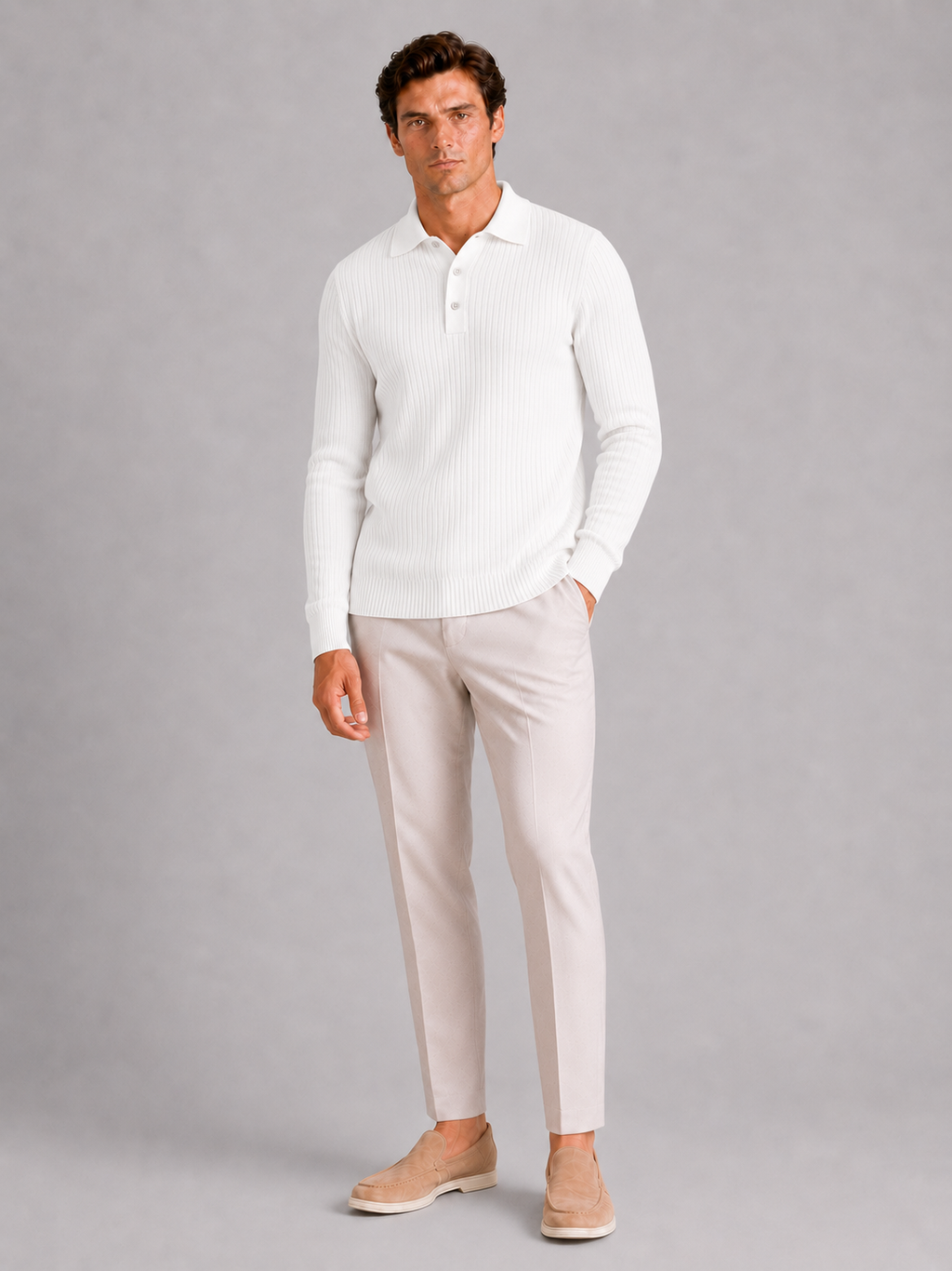 Men's Ribbed Long Sleeve Polo Shirt – Lightweight Knit Button Polo | Nero & Luya