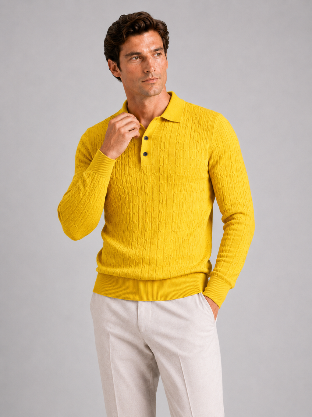 Men's Cable Knit Polo Sweater – Long Sleeve Collared Winter Knit | Nero & Luya
