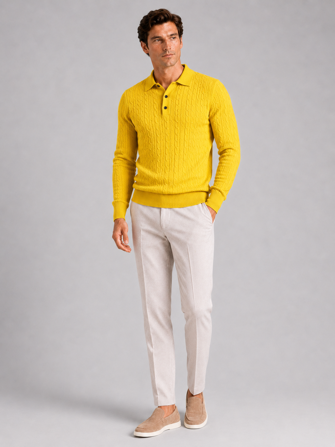 Men's Cable Knit Polo Sweater – Long Sleeve Collared Winter Knit | Nero & Luya